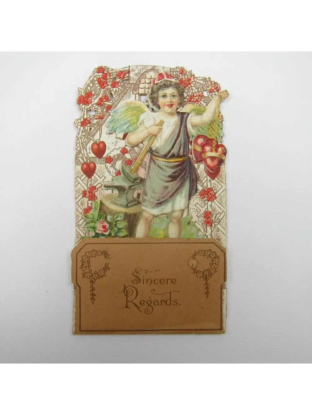 Vintage Valentine Pull Down Die Cut Stand Up Angel Boy Wings Toga Hammer & Anvil